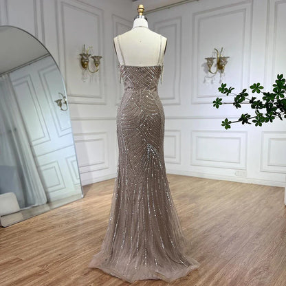 Vestidos de noche estilo sirena con tirantes finos y cuentas color caramelo de Dubái para mujer, para fiesta de bodas 2025 LA72501 