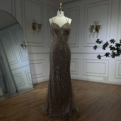 Vestidos de noche estilo sirena con tirantes finos y cuentas color caramelo de Dubái para mujer, para fiesta de bodas 2025 LA72501 