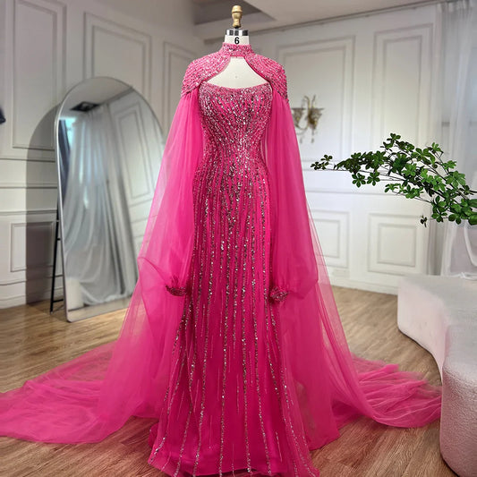 Vestido de noche de lujo estilo sirena color caramelo de Dubái con capa larga y perlas para mujer, ideal para bodas 2025 LA72223 
