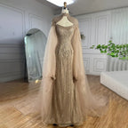 Vestido de noche de lujo estilo sirena color caramelo de Dubái con capa larga y perlas para mujer, ideal para bodas 2025 LA72223 