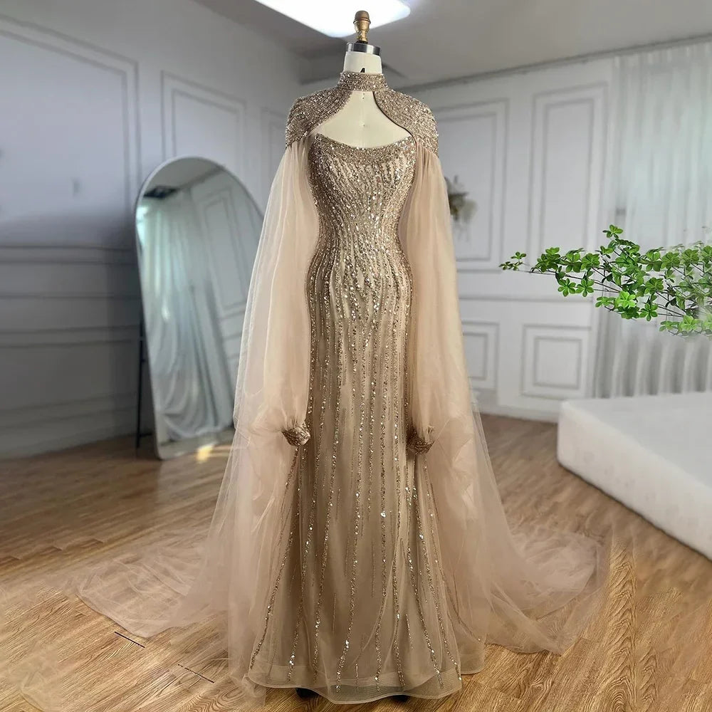 Vestido de noche de lujo estilo sirena color caramelo de Dubái con capa larga y perlas para mujer, ideal para bodas 2025 LA72223 