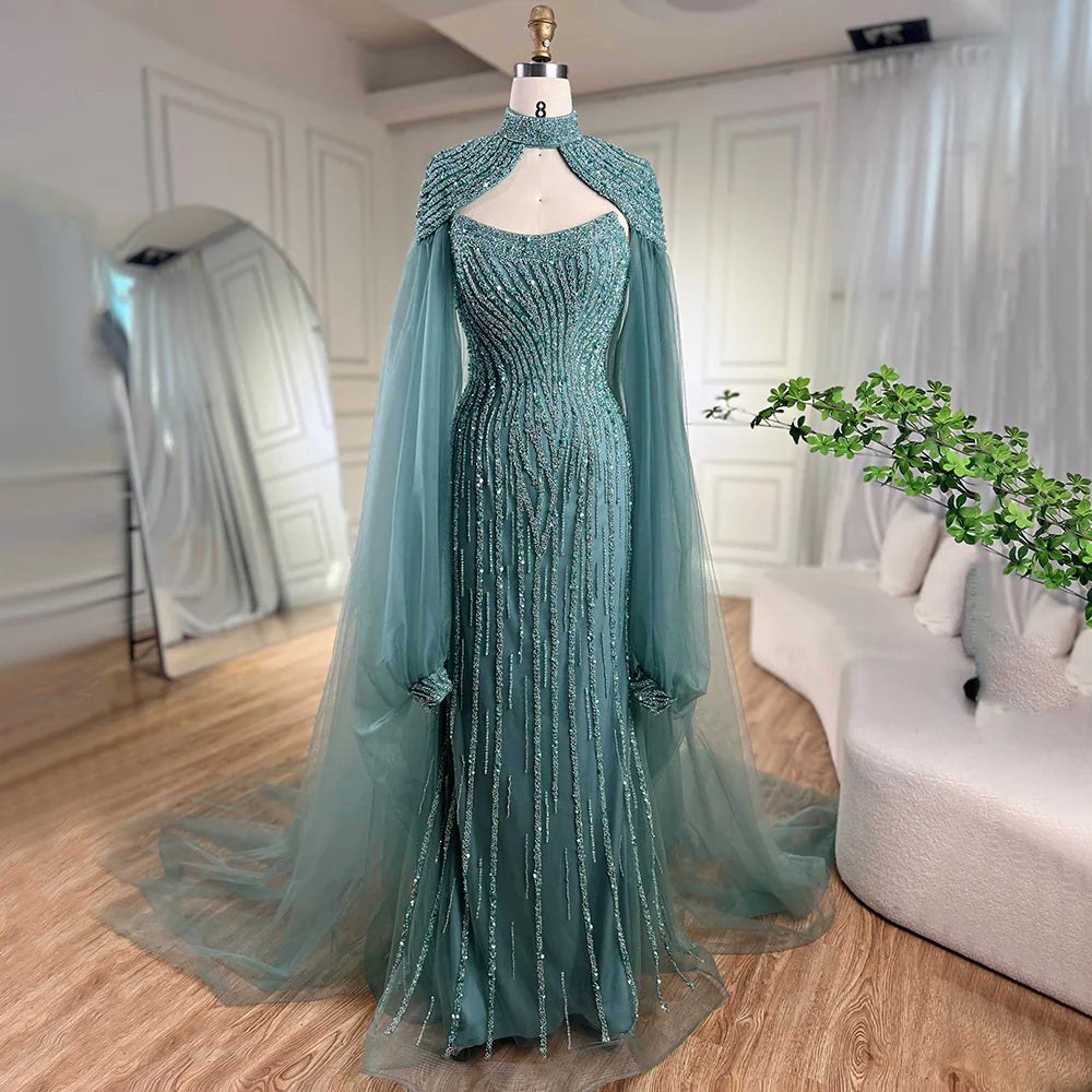Vestido de noche de lujo estilo sirena color caramelo de Dubái con capa larga y perlas para mujer, ideal para bodas 2025 LA72223 