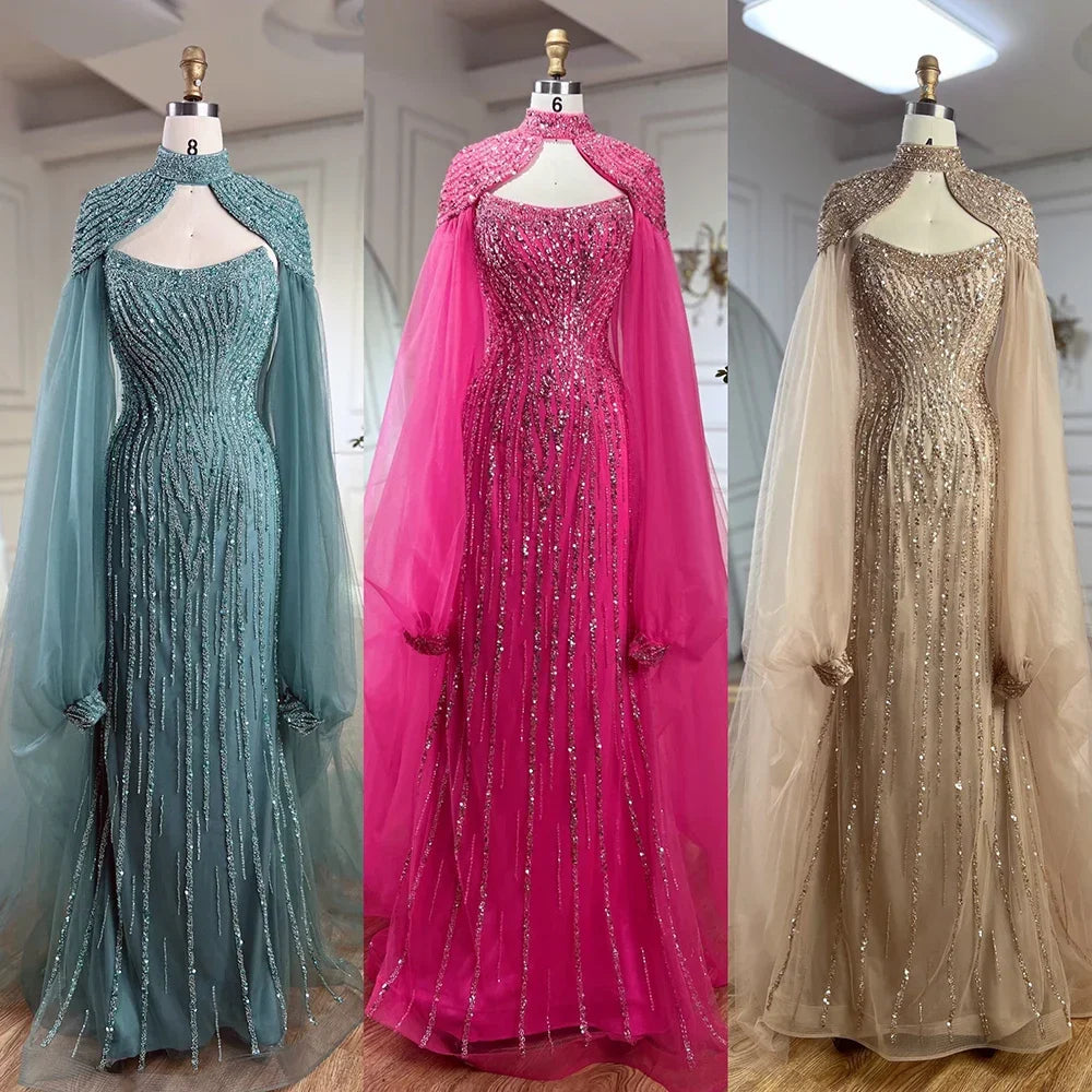 Vestido de noche de lujo estilo sirena color caramelo de Dubái con capa larga y perlas para mujer, ideal para bodas 2025 LA72223 