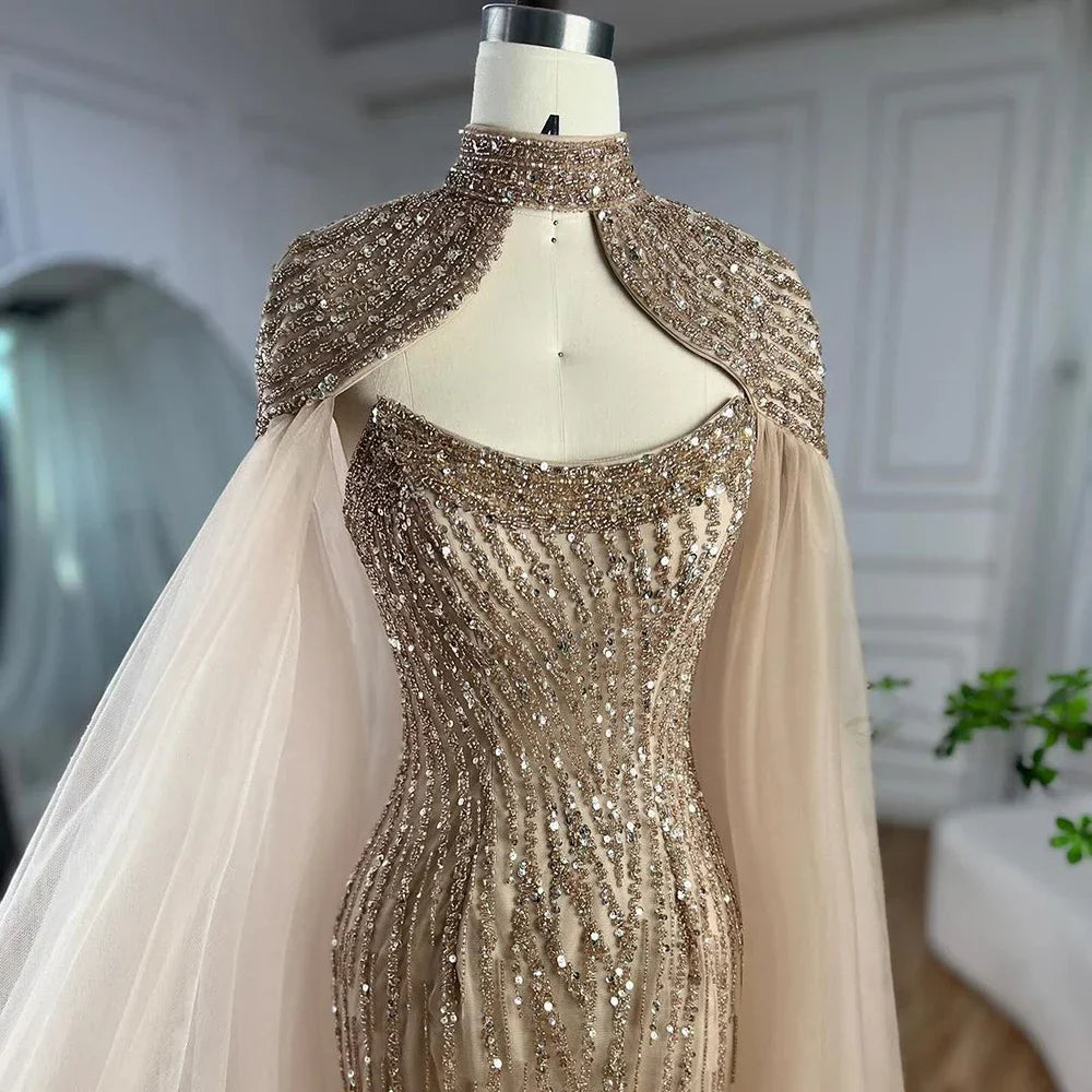 Vestido de noche de lujo estilo sirena color caramelo de Dubái con capa larga y perlas para mujer, ideal para bodas 2025 LA72223 