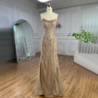 Vestido de noche de lujo estilo sirena color caramelo de Dubái con capa larga y perlas para mujer, ideal para bodas 2025 LA72223 