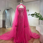 Vestido de noche de lujo estilo sirena color caramelo de Dubái con capa larga y perlas para mujer, ideal para bodas 2025 LA72223 