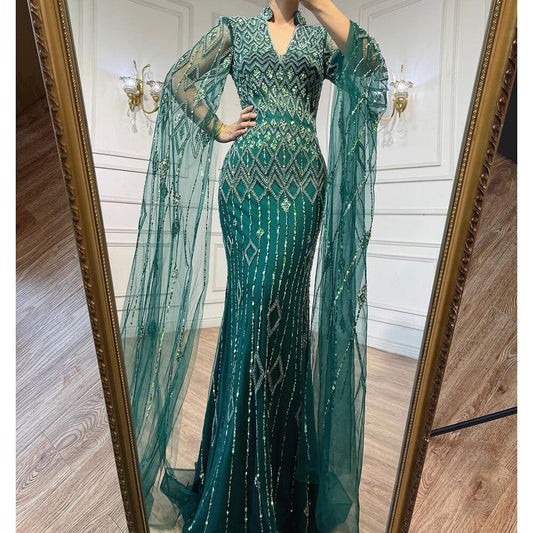 Dubai Designer Grüne Meerjungfrau Arabisch Abendkleid Mit Cape Luxus Formale Kleider für Frauen Hochzeit Party LA72094 