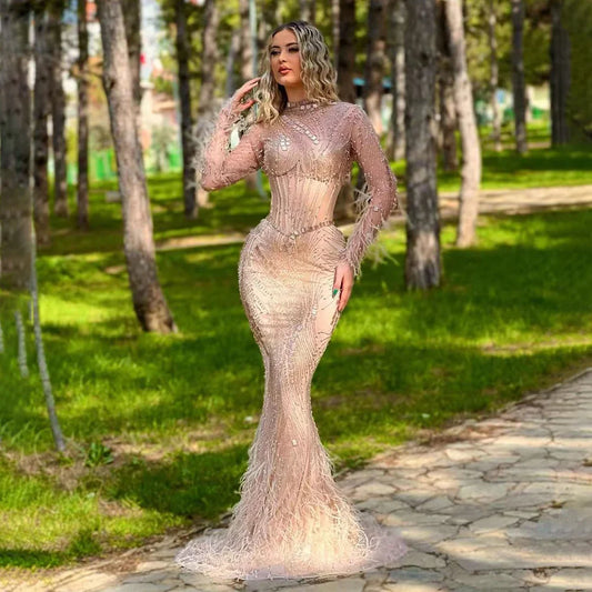 Vestidos de noche largos estilo sirena, con ilusión, perlas, cuentas y plumas, estilo dubaití, 2025, para mujer, para boda o fiesta, LA72245 