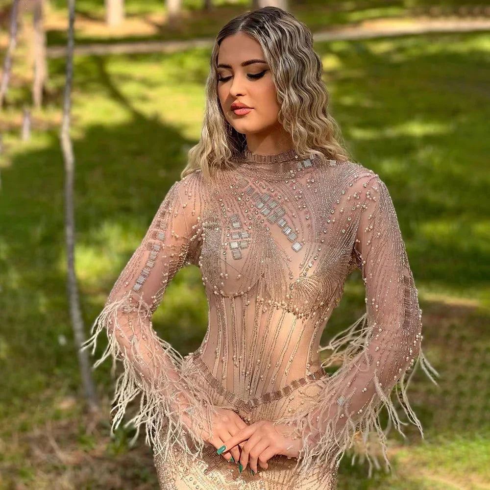 Vestidos de noche largos estilo sirena, con ilusión, perlas, cuentas y plumas, estilo dubaití, 2025, para mujer, para boda o fiesta, LA72245 