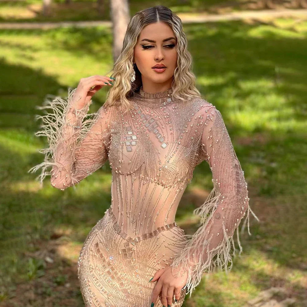 Vestidos de noche largos estilo sirena, con ilusión, perlas, cuentas y plumas, estilo dubaití, 2025, para mujer, para boda o fiesta, LA72245 