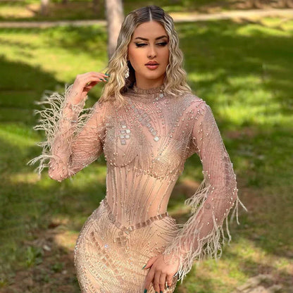 Vestidos de noche largos estilo sirena, con ilusión, perlas, cuentas y plumas, estilo dubaití, 2025, para mujer, para boda o fiesta, LA72245 