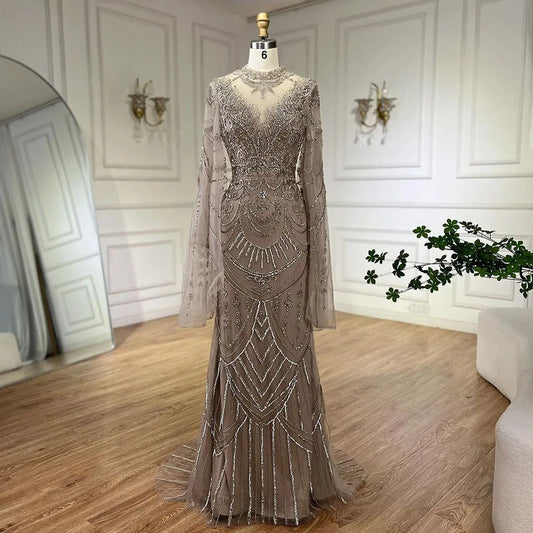 Vestidos de noche elegantes de sirena con encaje y cuentas, estilo árabe, de lujo, color gris, para mujer, para fiesta de bodas, LA72517 