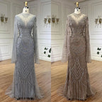Vestidos de noche elegantes de sirena con encaje y cuentas, estilo árabe, de lujo, color gris, para mujer, para fiesta de bodas, LA72517 