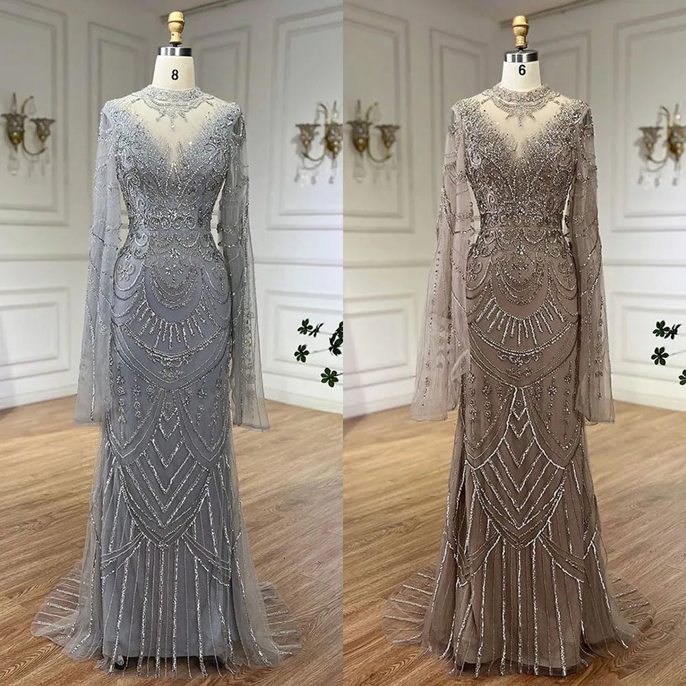 Vestidos de noche elegantes de sirena con encaje y cuentas, estilo árabe, de lujo, color gris, para mujer, para fiesta de bodas, LA72517 