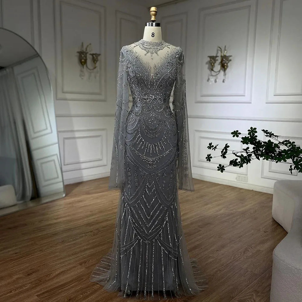 Vestidos de noche elegantes de sirena con encaje y cuentas, estilo árabe, de lujo, color gris, para mujer, para fiesta de bodas, LA72517 