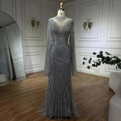 Vestidos de noche elegantes de sirena con encaje y cuentas, estilo árabe, de lujo, color gris, para mujer, para fiesta de bodas, LA72517 