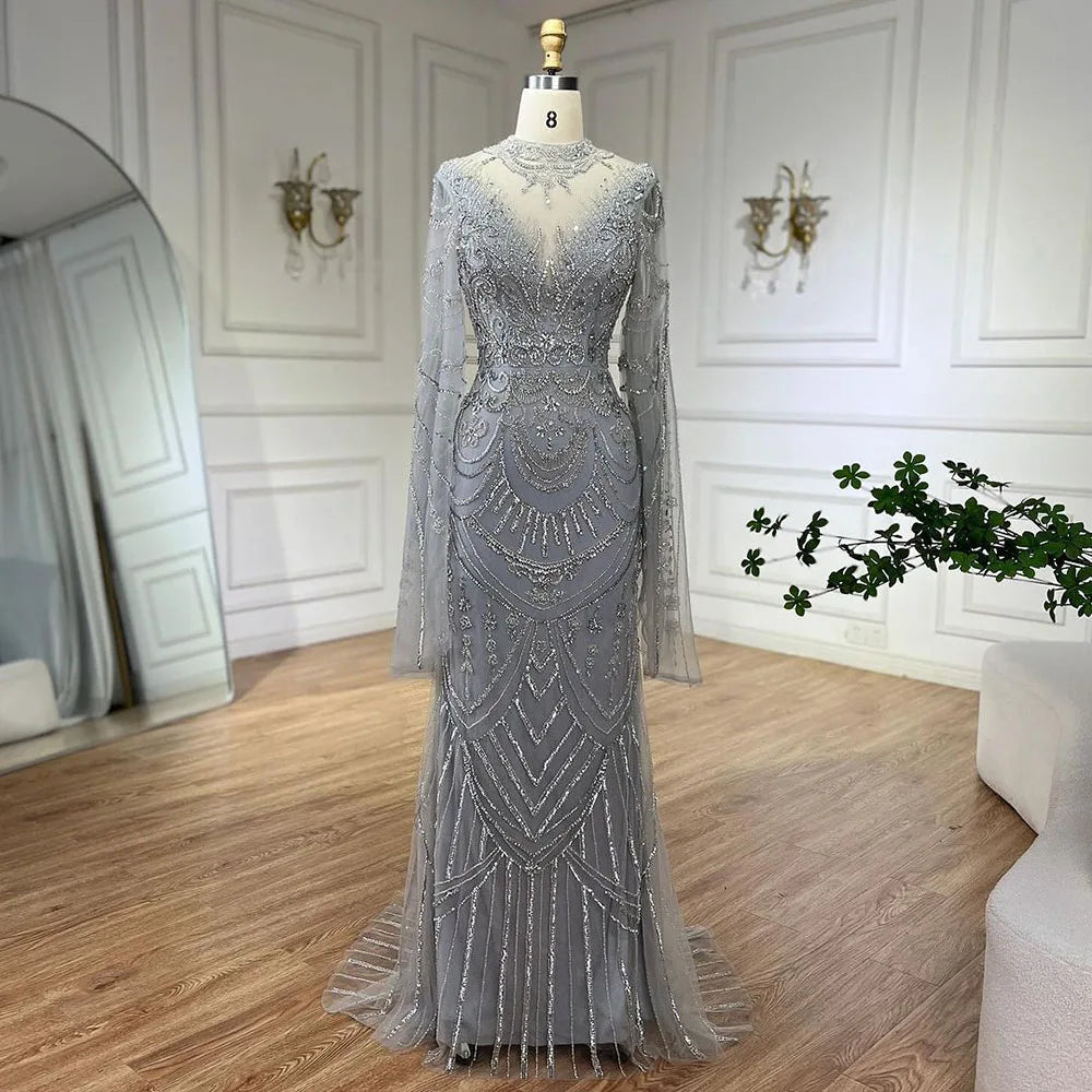 Vestidos de noche elegantes de sirena con encaje y cuentas, estilo árabe, de lujo, color gris, para mujer, para fiesta de bodas, LA72517 