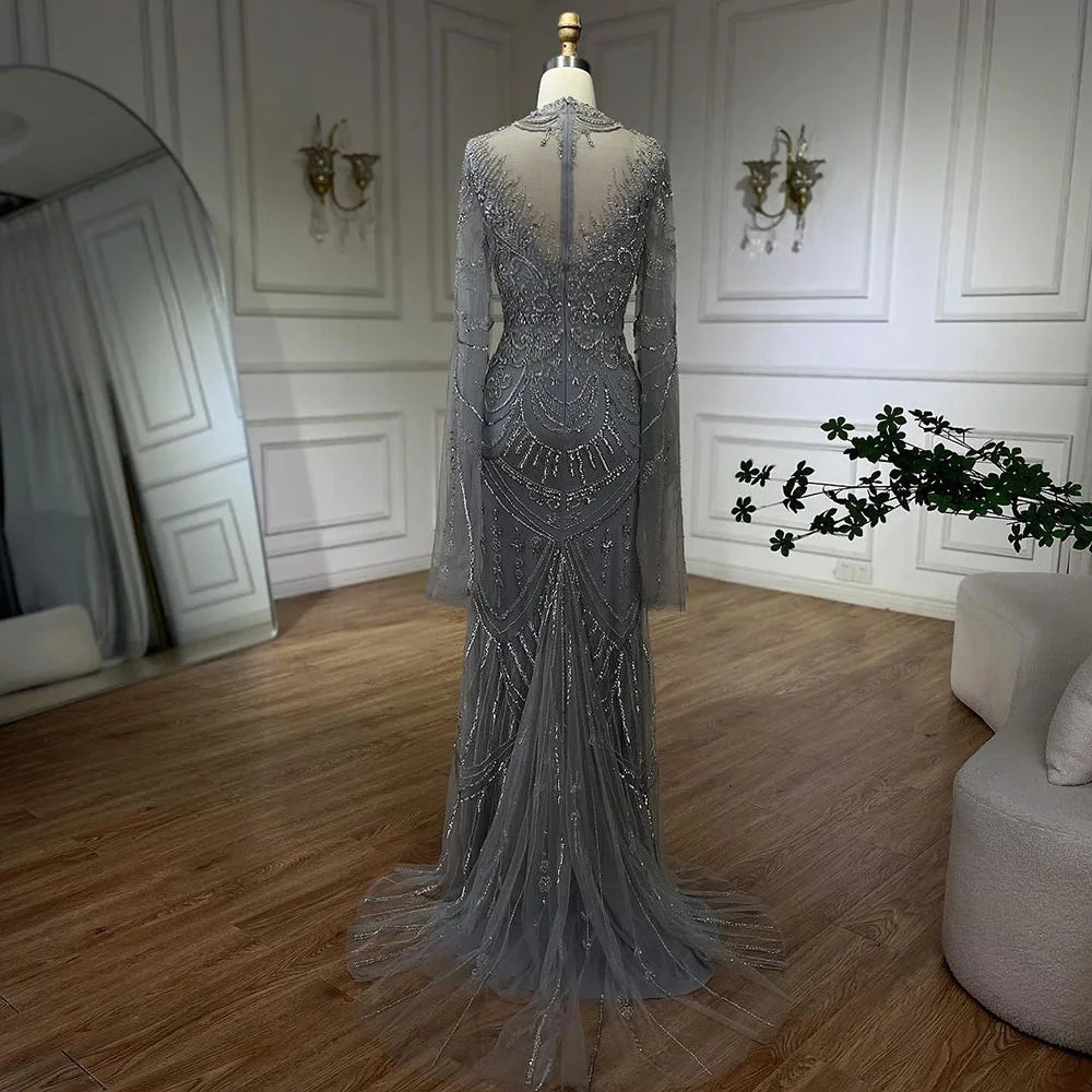 Vestidos de noche elegantes de sirena con encaje y cuentas, estilo árabe, de lujo, color gris, para mujer, para fiesta de bodas, LA72517 
