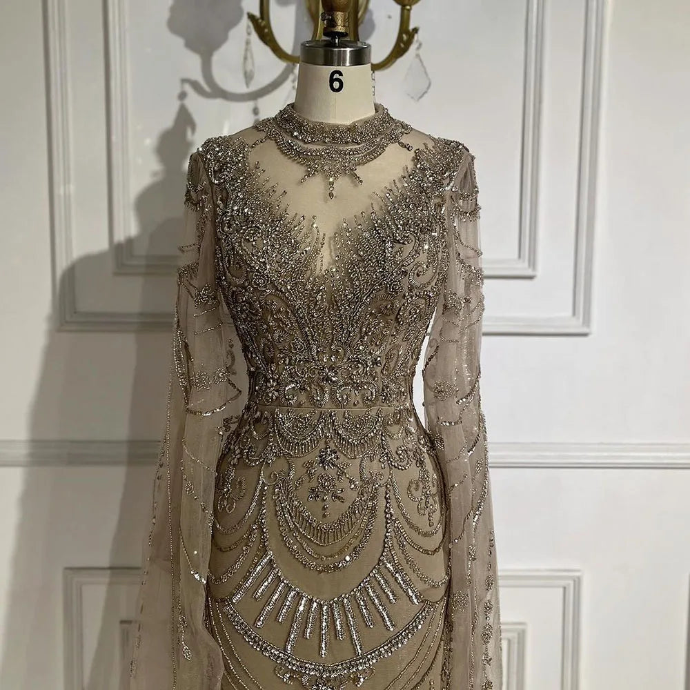 Vestidos de noche elegantes de sirena con encaje y cuentas, estilo árabe, de lujo, color gris, para mujer, para fiesta de bodas, LA72517 