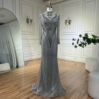 Elegante vestido de noche de lujo con encaje y cuentas de cristal, estilo sirena gris de Dubái, para mujer, para boda, fiesta, 2025, LA72516 