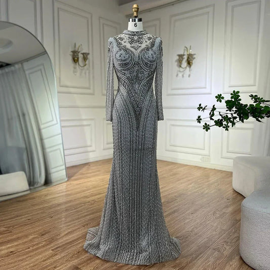 Elegante vestido de noche de lujo con encaje y cuentas de cristal, estilo sirena gris de Dubái, para mujer, para boda, fiesta, 2025, LA72516 