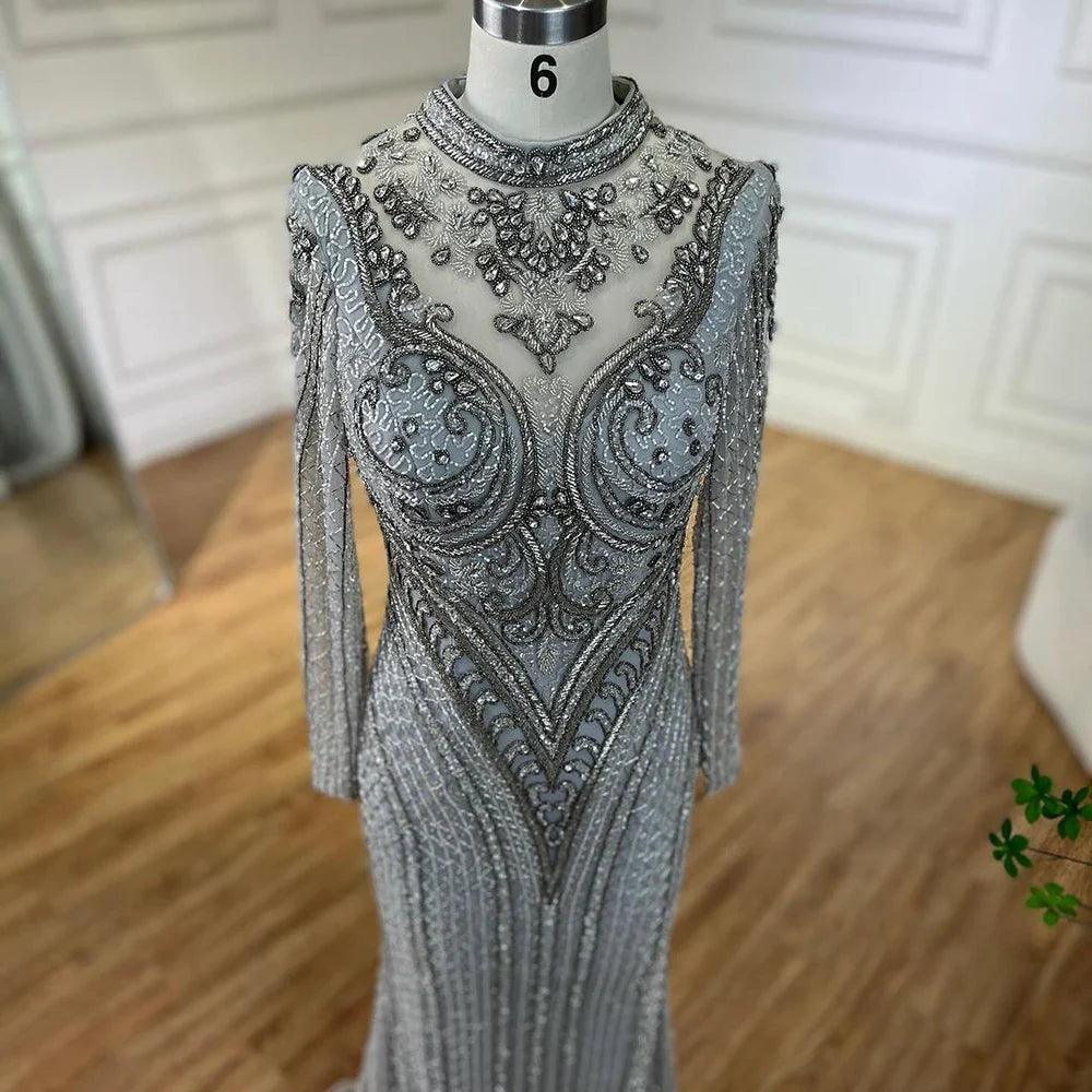 Elegante vestido de noche de lujo con encaje y cuentas de cristal, estilo sirena gris de Dubái, para mujer, para boda, fiesta, 2025, LA72516 