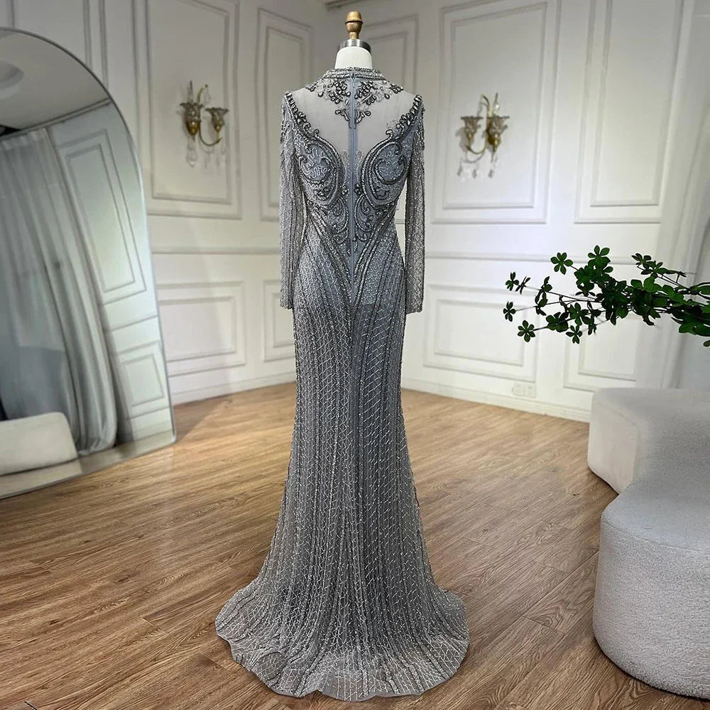 Elegante vestido de noche de lujo con encaje y cuentas de cristal, estilo sirena gris de Dubái, para mujer, para boda, fiesta, 2025, LA72516 