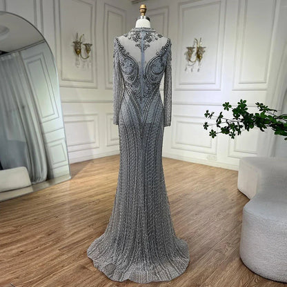 Elegante vestido de noche de lujo con encaje y cuentas de cristal, estilo sirena gris de Dubái, para mujer, para boda, fiesta, 2025, LA72516 