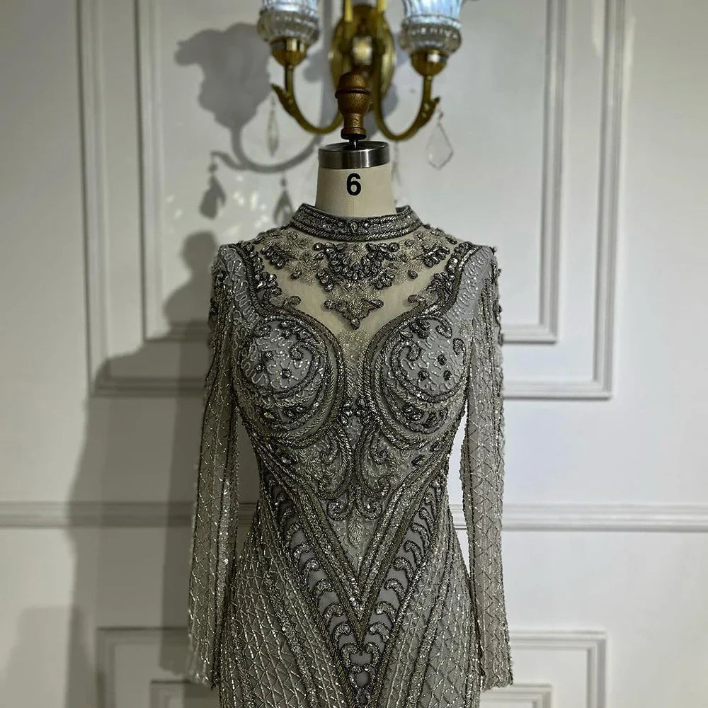 Elegante vestido de noche de lujo con encaje y cuentas de cristal, estilo sirena gris de Dubái, para mujer, para boda, fiesta, 2025, LA72516 