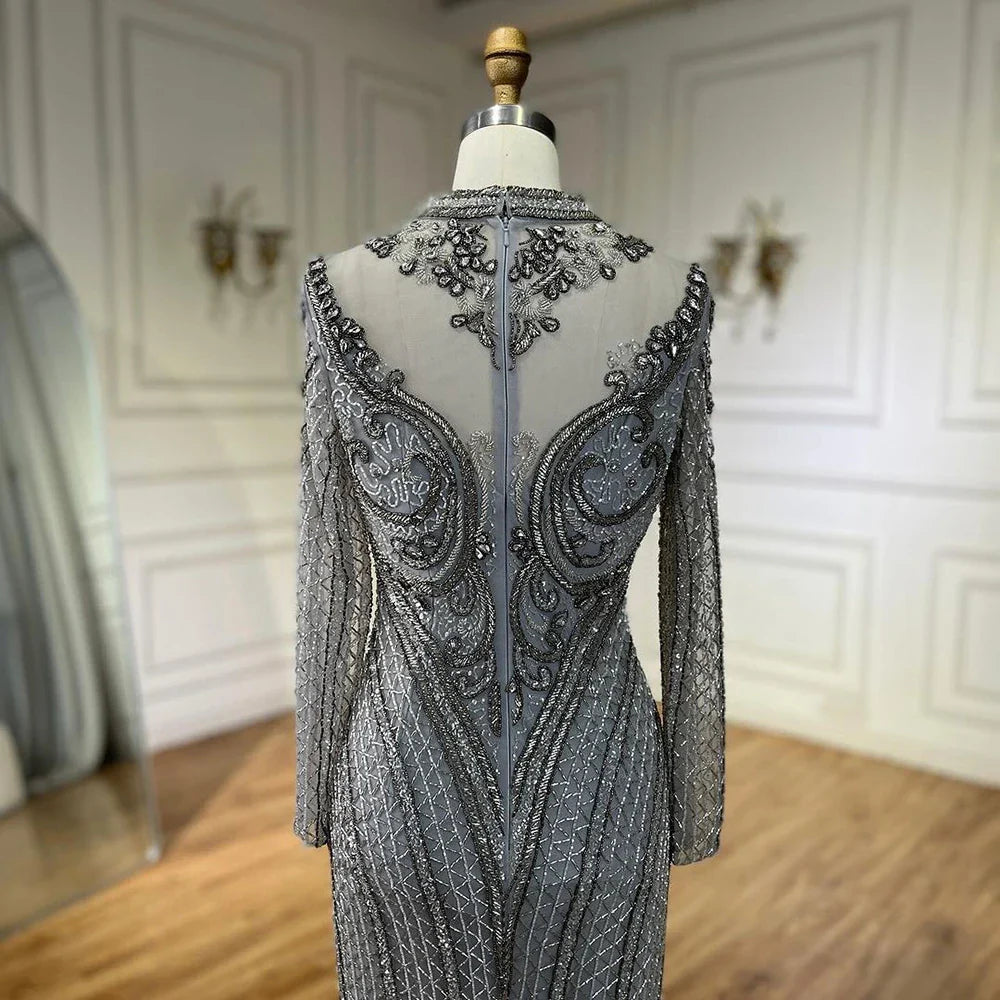 Elegante vestido de noche de lujo con encaje y cuentas de cristal, estilo sirena gris de Dubái, para mujer, para boda, fiesta, 2025, LA72516 