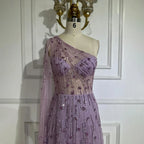 Vestido de noche de lujo con cuentas, corte A, un hombro descubierto, mangas estilo capa, color verde Dubái, para mujer, para fiesta de boda LA72503 