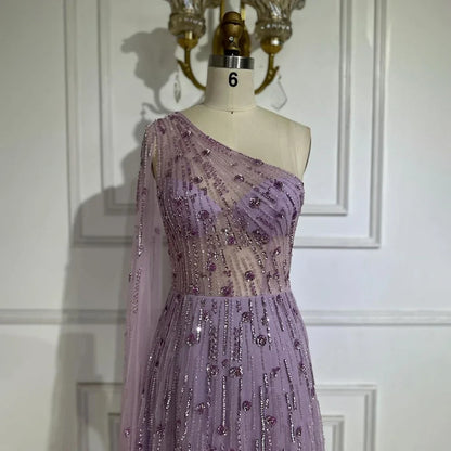 Vestido de noche de lujo con cuentas, corte A, un hombro descubierto, mangas estilo capa, color verde Dubái, para mujer, para fiesta de boda LA72503 