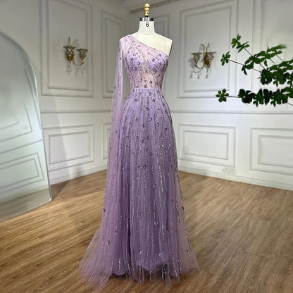 Vestido de noche de lujo con cuentas, corte A, un hombro descubierto, mangas estilo capa, color verde Dubái, para mujer, para fiesta de boda LA72503 