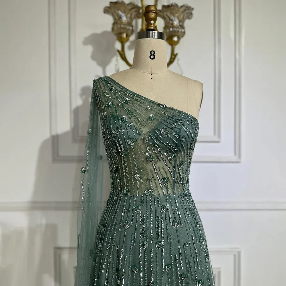 Vestido de noche de lujo con cuentas, corte A, un hombro descubierto, mangas estilo capa, color verde Dubái, para mujer, para fiesta de boda LA72503 