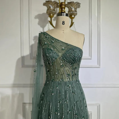 Vestido de noche de lujo con cuentas, corte A, un hombro descubierto, mangas estilo capa, color verde Dubái, para mujer, para fiesta de boda LA72503 