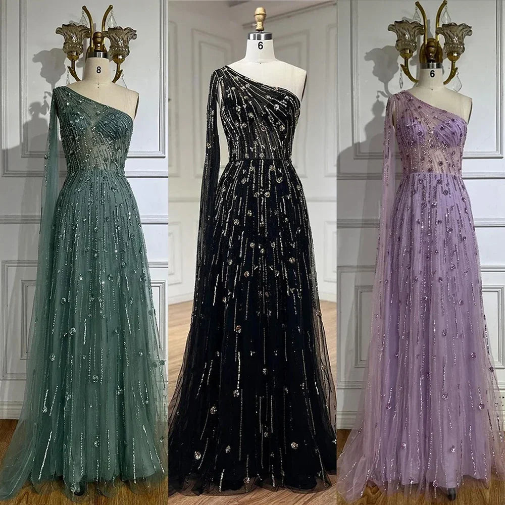 Vestido de noche de lujo con cuentas, corte A, un hombro descubierto, mangas estilo capa, color verde Dubái, para mujer, para fiesta de boda LA72503 