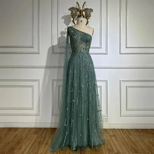 Vestido de noche de lujo con cuentas, corte A, un hombro descubierto, mangas estilo capa, color verde Dubái, para mujer, para fiesta de boda LA72503 