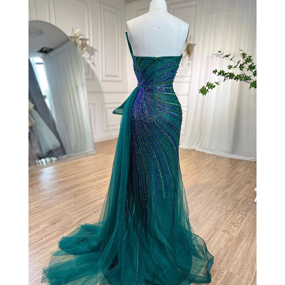 Vestidos de noche de sirena con abertura alta y cuentas verdes de Dubái 2025, vestidos de fiesta para mujer, fiesta de boda LA72090 