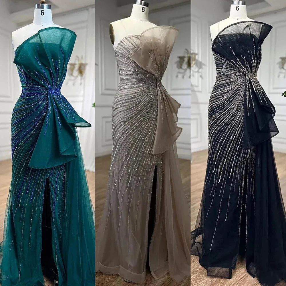 Vestidos de noche de sirena con abertura alta y cuentas verdes de Dubái 2025, vestidos de fiesta para mujer, fiesta de boda LA72090 