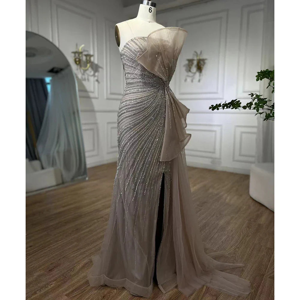 Vestidos de noche de sirena con abertura alta y cuentas verdes de Dubái 2025, vestidos de fiesta para mujer, fiesta de boda LA72090 