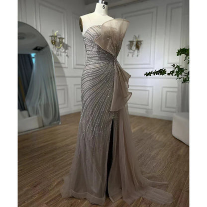 Vestidos de noche de sirena con abertura alta y cuentas verdes de Dubái 2025, vestidos de fiesta para mujer, fiesta de boda LA72090 