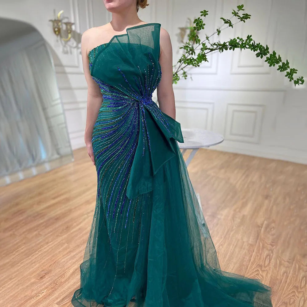 Vestidos de noche de sirena con abertura alta y cuentas verdes de Dubái 2025, vestidos de fiesta para mujer, fiesta de boda LA72090 