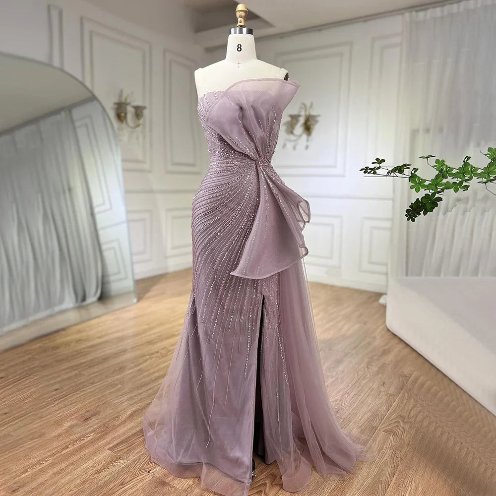 Vestidos de noche de sirena con abertura alta y cuentas verdes de Dubái 2025, vestidos de fiesta para mujer, fiesta de boda LA72090 