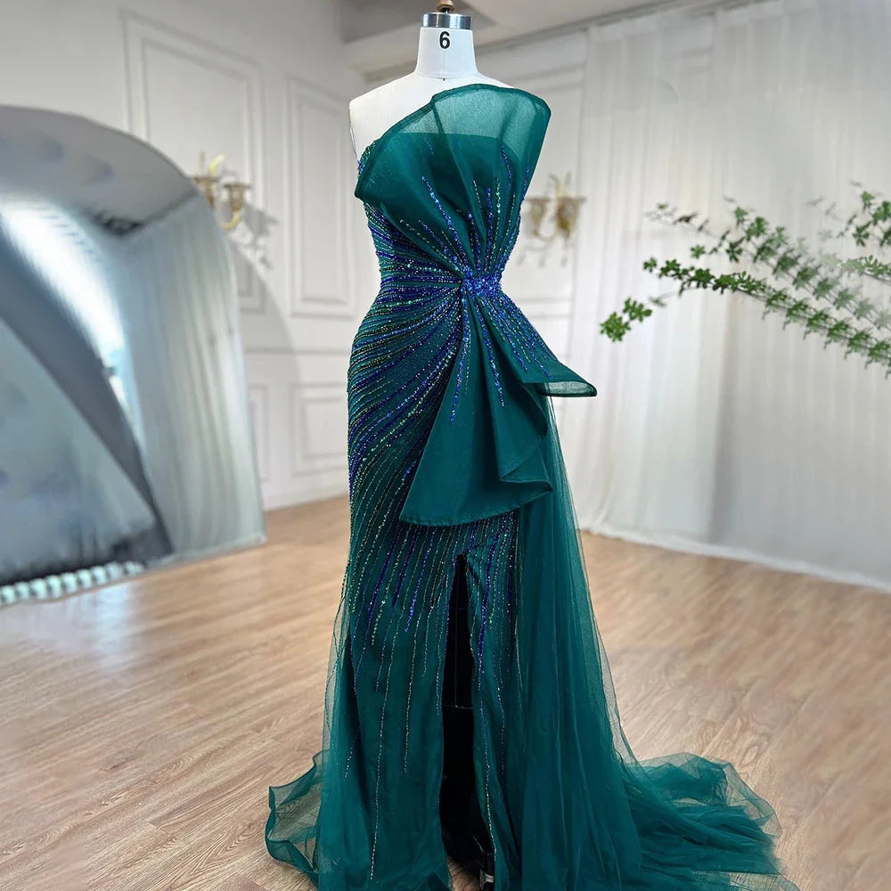 Vestidos de noche de sirena con abertura alta y cuentas verdes de Dubái 2025, vestidos de fiesta para mujer, fiesta de boda LA72090 