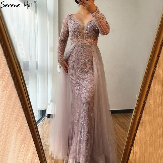 Vestido de noche estilo sirena con escote en V y mangas largas, color gris, estilo Dubái, 2025, con cuentas de cristal, de lujo, para fiesta formal, CLA70433