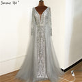 Vestido de noche estilo sirena con escote en V y mangas largas, color gris, estilo Dubái, 2025, con cuentas de cristal, de lujo, para fiesta formal, CLA70433