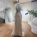 Vestido de noche estilo sirena, de lujo, estilo Dubái, con cuello halter, plumas beige y cuentas, para mujer, para boda, fiesta, 2025, LA70623A 