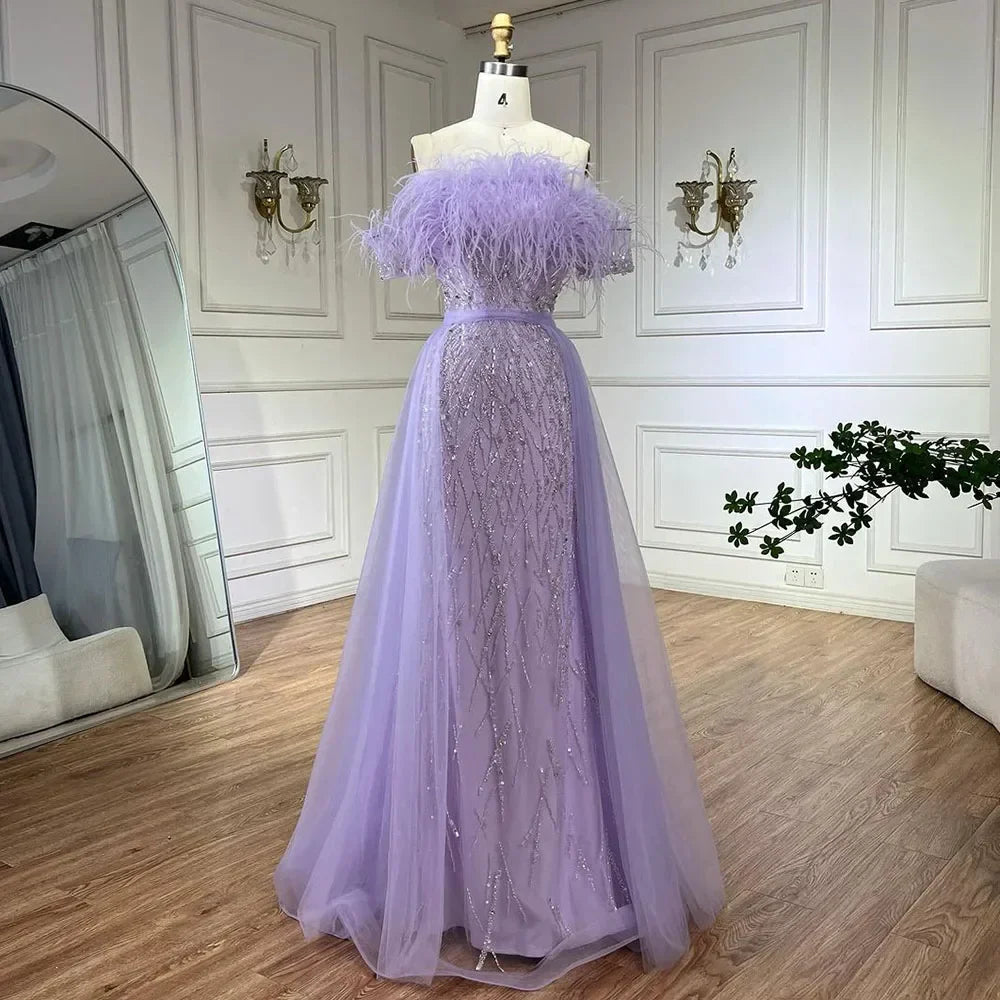 Vestido de noche de sirena azul con cuentas y sobrefalda de lujo de Dubái LA71634