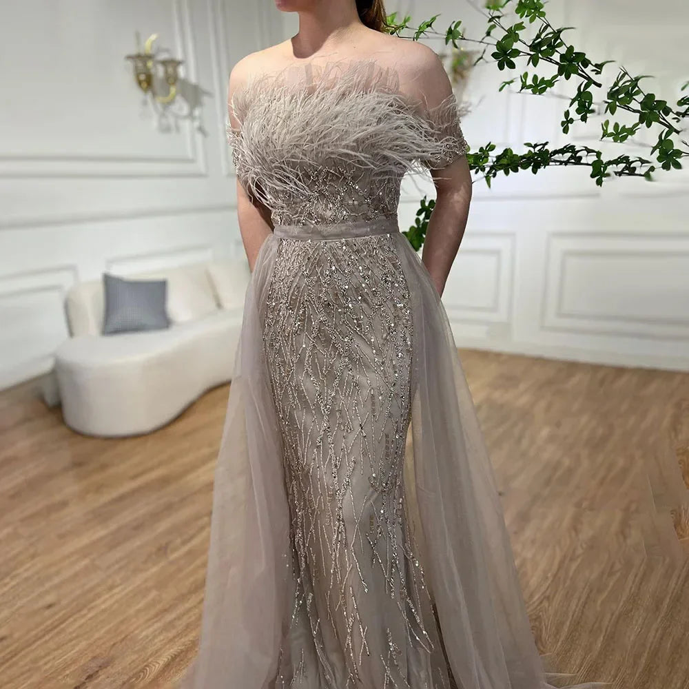 Vestido de noche de sirena azul con cuentas y sobrefalda de lujo de Dubái LA71634