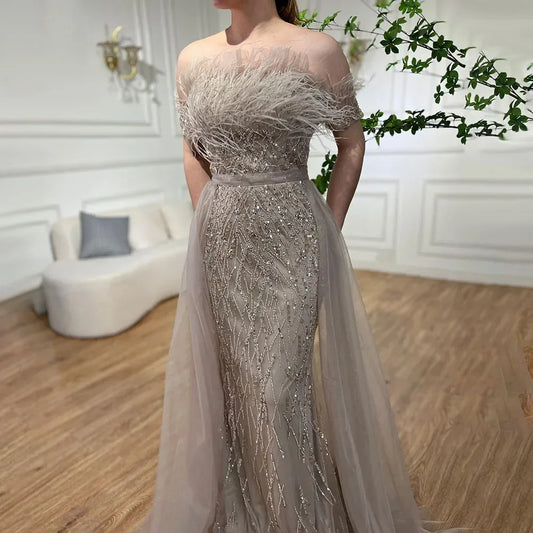 Dubai Luxus Perlenbesetztes blaues Meerjungfrau-Abendkleid mit Überrock LA71634 